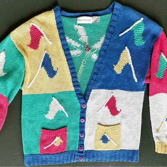 ROBERT SCOTT LTD Hand Knit Ramie Blend Colorblock V-Neck Tropical Golf Cardigan - Picture 1 of 14